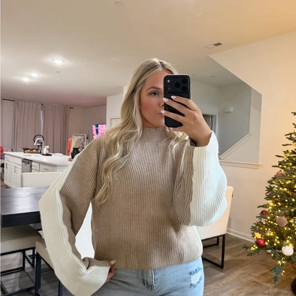 Chic Tan and Cream Women's Turtleneck Sweater - Picture 9 of 12